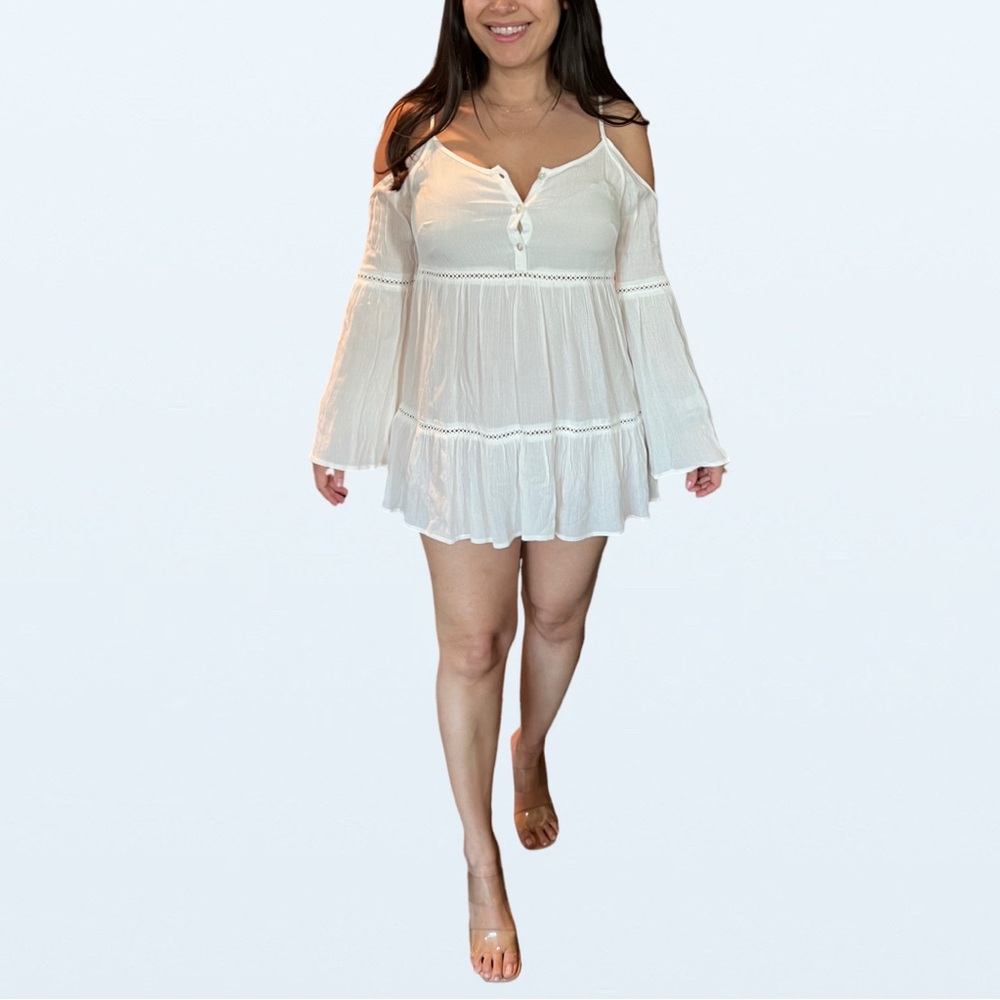 NWT Moon White Babydoll Dress with Bell Sleeves, Size XS